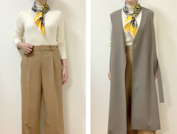 パーソナルカラーがイエベの私は、ユニクロ・タックワイドパンツのキャメルで高見えコーデを作り置きします！