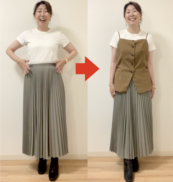 パンツからプリーツスカートに変えて比較しました
