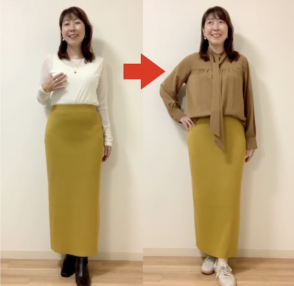ゆったり薄手ブラウスと合わせてスタイルアップした比較画像