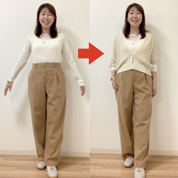 骨格ナチュラルの場合、シアー素材一枚ではなくメッシュカーディガンを合わせた方がおしゃれに見える