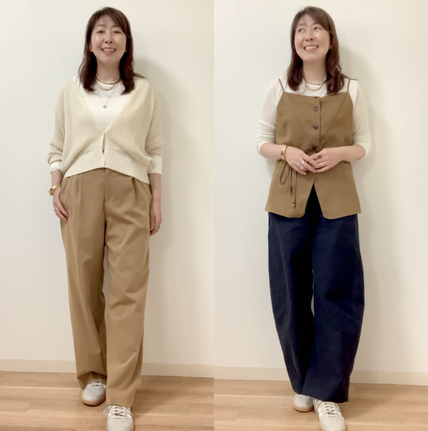 骨格ナチュラルの場合で、シアー素材にベストを合わせて比較