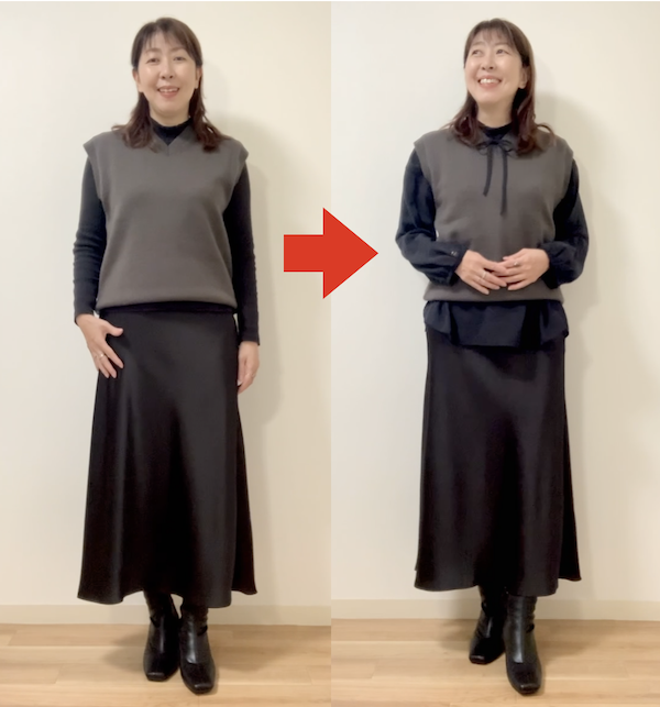 ニットベストにシアー素材も加えるとさらにおしゃれに高見えできます