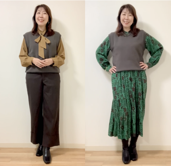 イエベに似合う黄色みのあるグレーには、キャメルやブラウン、グリーンも合います