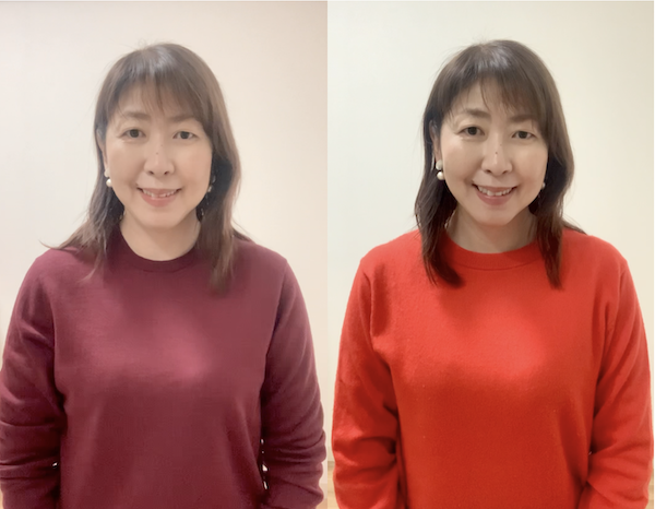 札幌のグロウコーデ代表仲川すみれはイエベ春なので、朱色が似合いますがワインレッドは似合いません