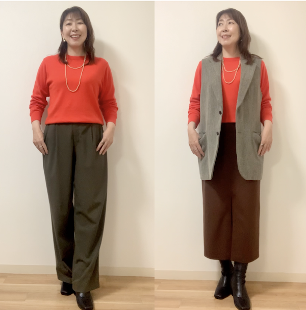 イエベ春に似合う朱色のニットの着回し例