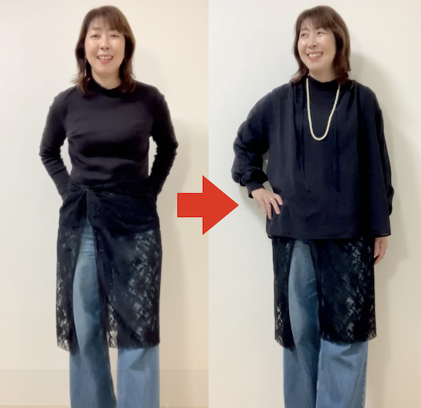 タートル単体よりシアーブラウスを重ねた方がいいですね！体型もカバーできます