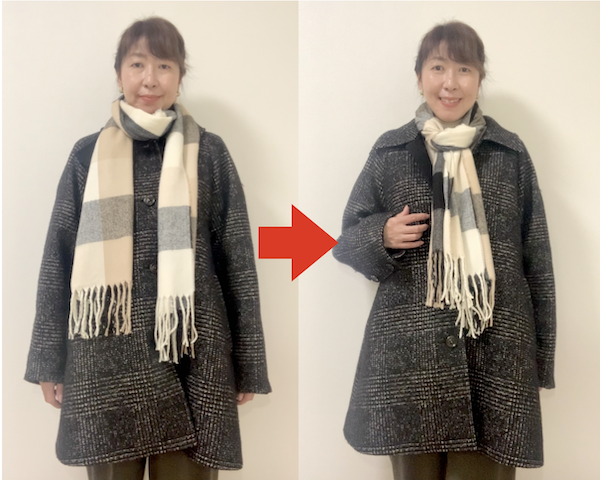 骨格ストレート、このマフラーの巻き方ならコートと合わせてもスッキリ見えます