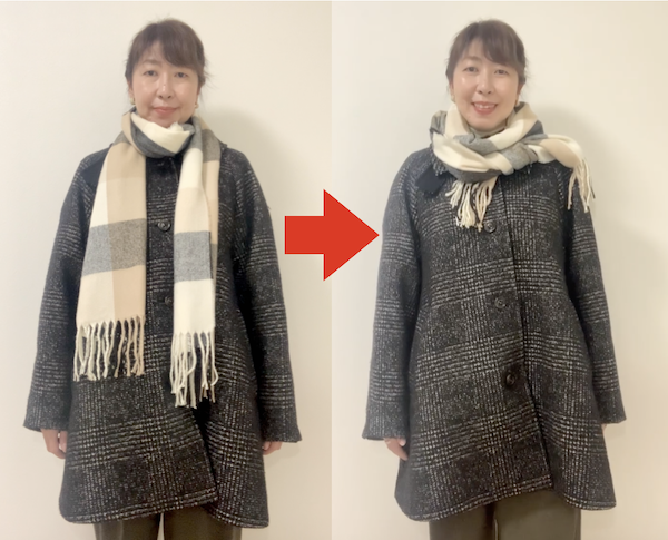 骨格ナチュラル、高見え巻きマフラーがコートスタイルを華やかにしてくれる