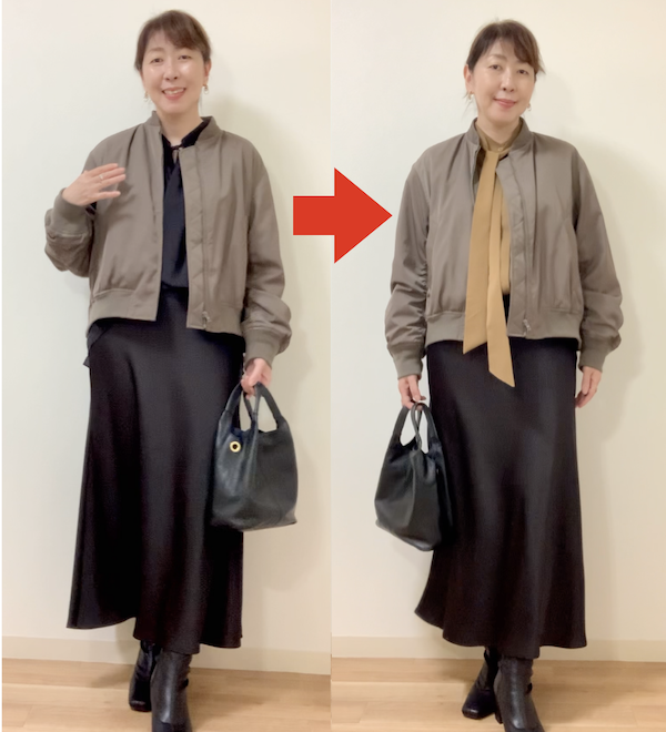 札幌のグロウコーデ代表の仲川すみれはイエベなので黒は苦手ですが、カーキのボマージャケットに黒を合わせると素敵