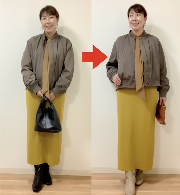 イエベの方が全身似合う色でコーディネートしているのに、バッグや靴が黒ではおしゃれ度が半減してしまう