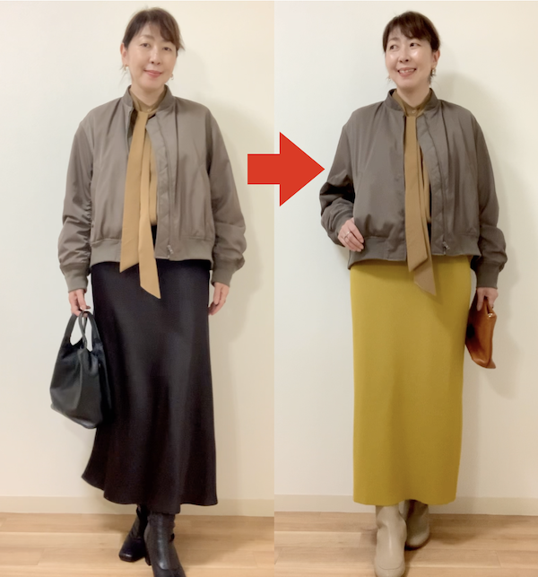 イエベがもっとおしゃれ度を上げるなら、黒を入れず似合う色同士で組み合わせるのがおしゃれ