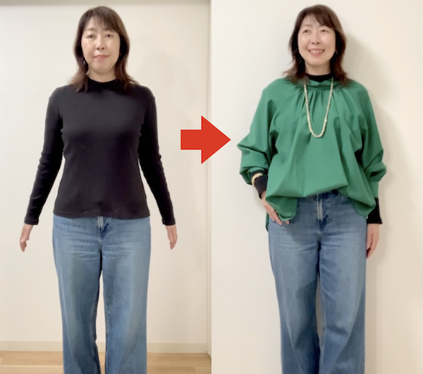 春夏に着たブラウスを黒タートルに重ねるとデニムスタイルも高見えできます