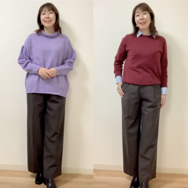 ブルベならラベンダーや水色、ワインレッドのトップスを合わせておしゃれに！