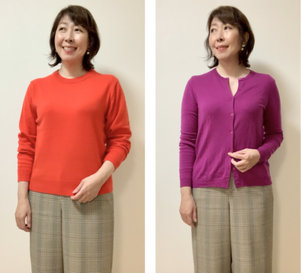 イエベに似合う色のチェック柄パンツには、イエベに似合うトップスの色を合わせた方が断然おしゃれに見えます