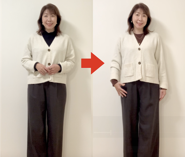 インナーもボトムスもオフホワイトに馴染む色を合わせると印象アップします