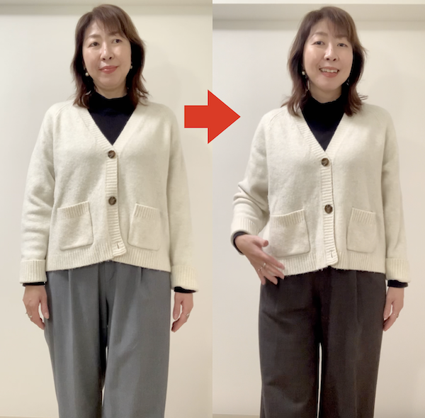札幌のグロウコーデ代表の仲川すみれはイエベ春。ユニクロのスフレヤーンカーディガンはオフホワイトを選択