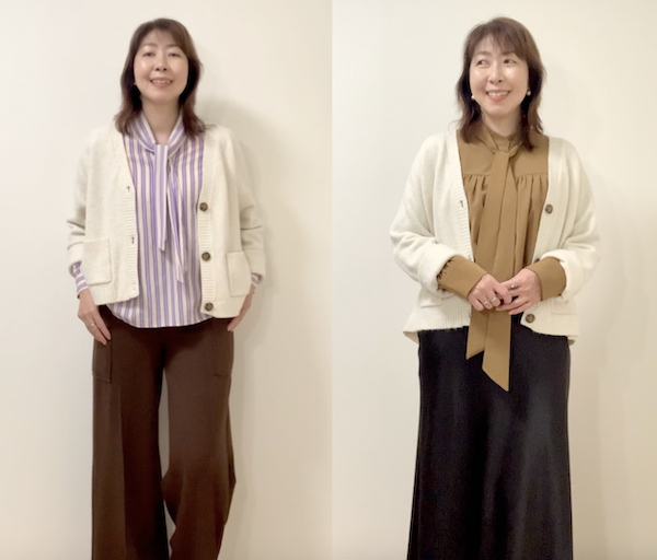 イエベ春のオフホワイトカーディガンのコーディネート例2パターン