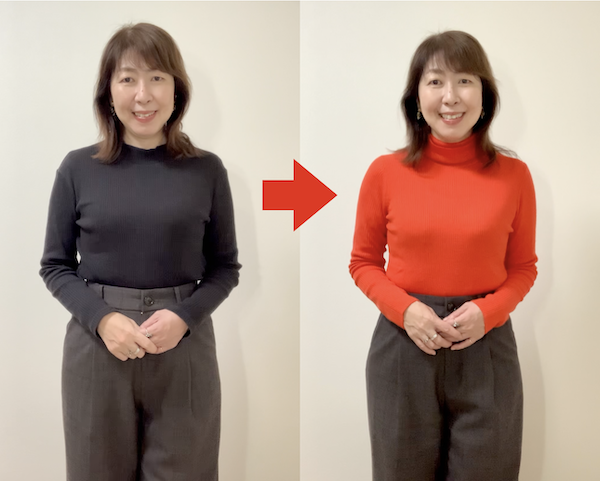 札幌のグロウコーデ代表で50代の仲川すみれ、パーソナルカラー診断結果がイエベ春の場合のニットの色の印象の違い