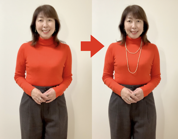 骨格ストレートやナチュラルはタートルネックにロングネックレスをプラスするといい