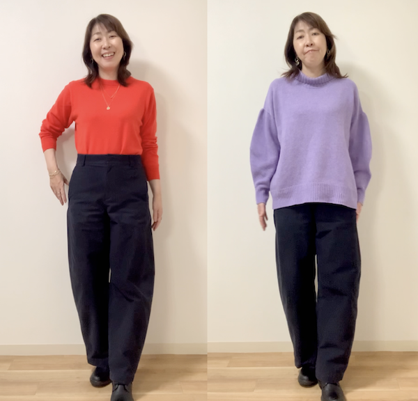 骨格ストレートやナチュラルの方は、オーバーサイズニットではなくコンパクトなサイズ感のトップスを選びましょう