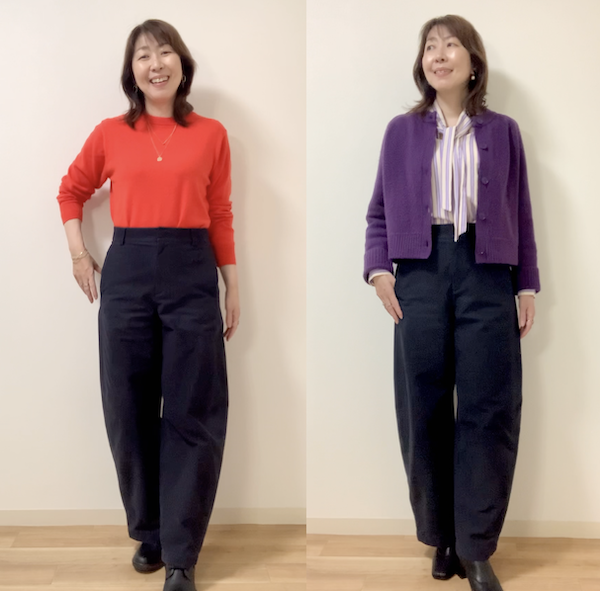 全部インするのが苦手なら、バレルレッグパンツにショート丈のトップスを合わせても素敵です