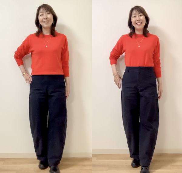 バレルレッグパンツは腰回りをスッキリ見せる着こなしの方がスタイルアップできます