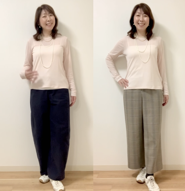 温かみのあるピンクには温かみのあるボトムスの色を合わせた方がスラッと感が高まりおしゃれに見える