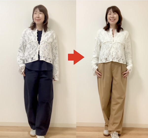 レースブラウスに合わせる色の組み合わせで垢抜けない例と垢抜ける例を比較