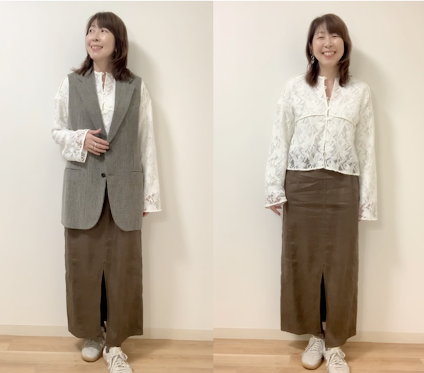 垢抜けるブラウンを取り入れたレースブラウスの着こなし例