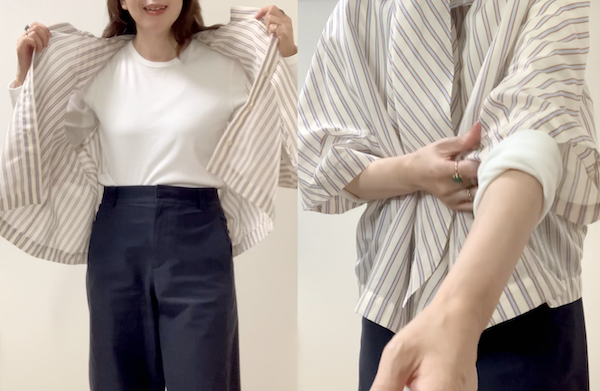 透ける素材ブラウスには長袖Tシャツをインすると着太りしない