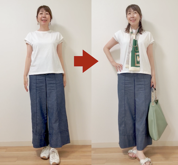 白Tシャツ×デニムも、グリーンのロングスカーフやバッグといった「彩」をプラスするとおしゃれ度格上げに。