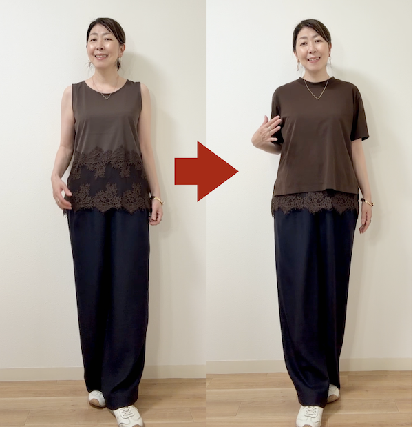 二の腕が気になる骨格ストレートやナチュラルの方は、Tシャツの重ね着がおすすめ