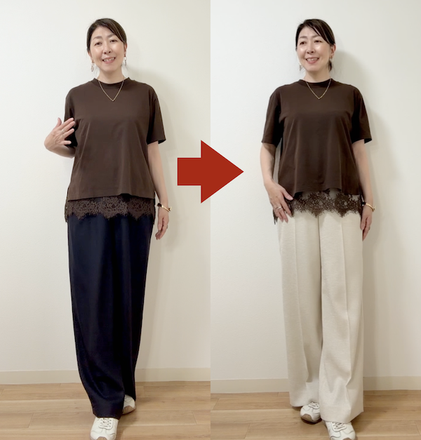イエベの私はアイボリーのパンツを合わせた方がおしゃれ度格上げできる