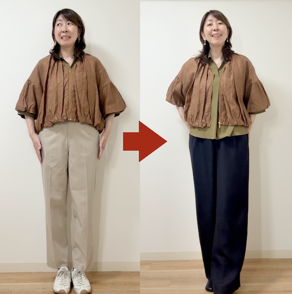 骨格ナチュラルの私が、ショート丈ブルゾンにそれぞれ違うデザインのパンツを履き比べて、スタイルアップ効果を検証