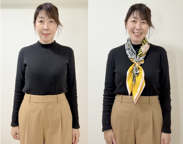 大人世代女性が黒トップスにスカーフ＆ブローチで一気におしゃれに！