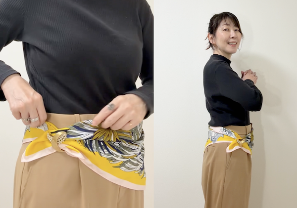 大人世代女性がおしゃれに見える腰巻きスカーフとブローチのアレンジ術