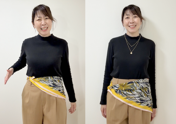 大人世代女性がおしゃれに見える腰巻きスカーフとブローチのアレンジ術