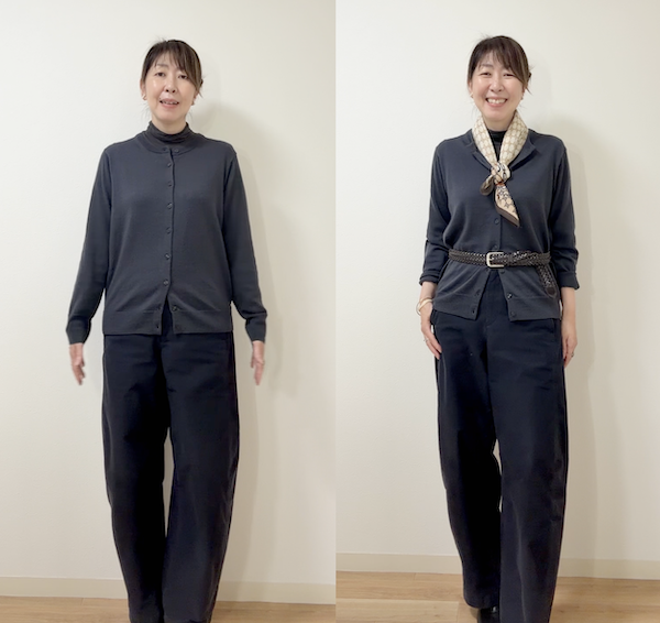 クルーネックカーディガンをただ着るだけではなく、スカーフやベルトを使ってメリハリを作るとおしゃれに激変できます